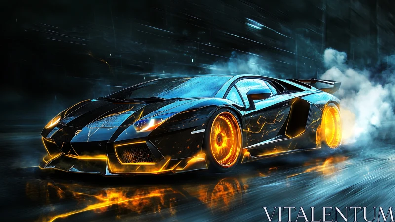 Aerodynamic hypercar with plasma-lit rims in neon storm.