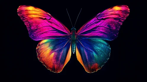 Vivid multicolor butterfly wings on deep black backdrop.