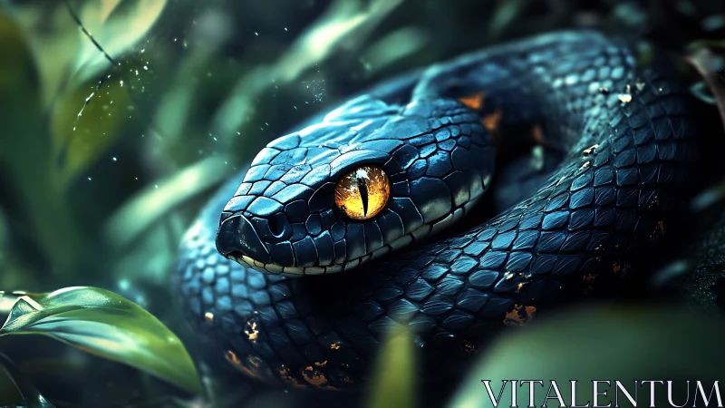 Glowing-eyed forest serpent resting in cool emerald shadows.