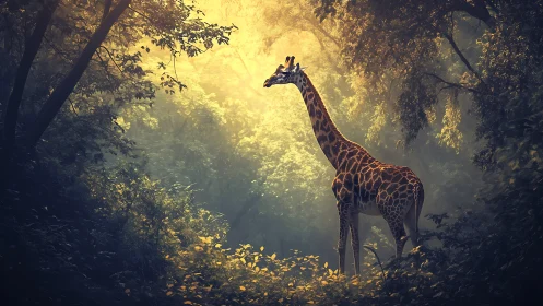 Sunlit giraffe stands quietly in a misty emerald forest