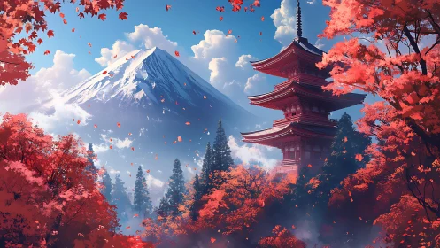 Snow-capped mountain and pagoda framed by autumn foliage.