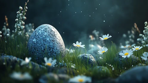 Misty meadow egg cradled among glowing wild daisies.