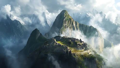 Mystical mountain citadel nestles among drifting silver clouds