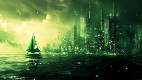 Green sailboat before illuminated futuristic city skyline.