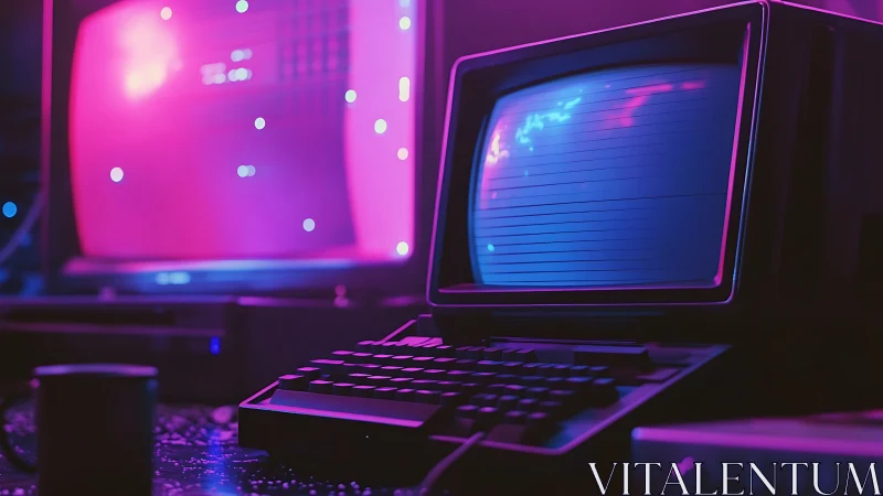 Retro CRT workstation under neon magenta and cyan glow.