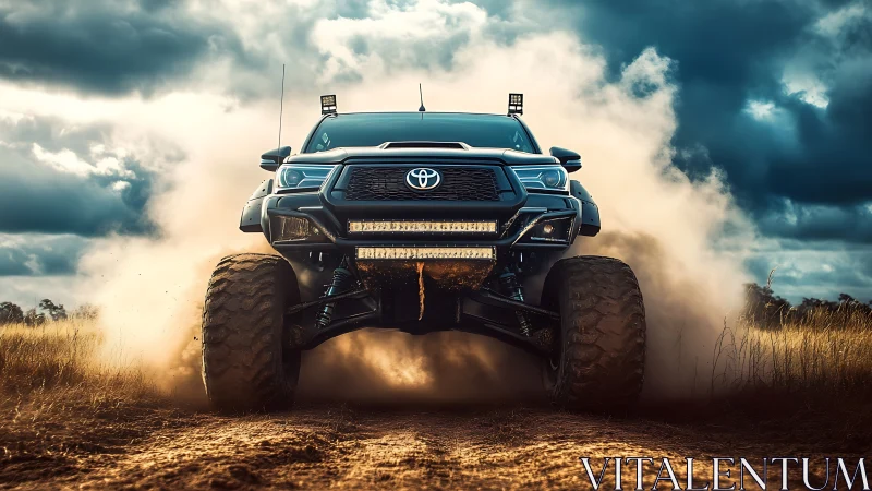 Lifted Toyota truck powers through dusty off-road trail.