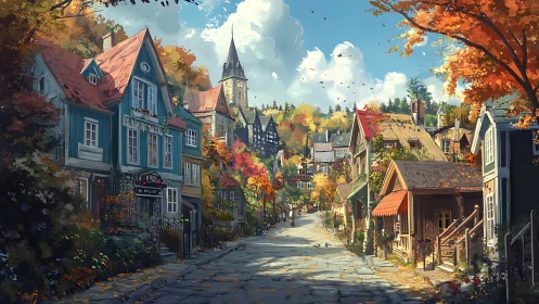Sunlit autumn village street with colorful hillside homes.