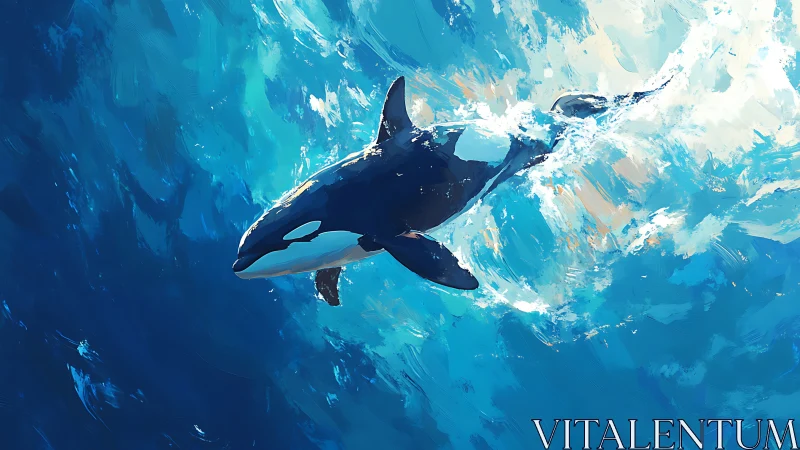 Orca glides through turbulent blue waves in vivid motion.