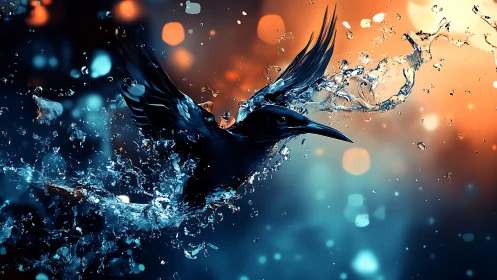 Water-sculpted raven rising through glowing twilight spray.