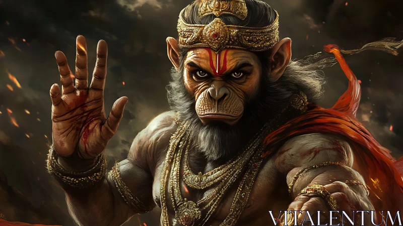 Divine warrior monkey god rendered in fiery digital painting.