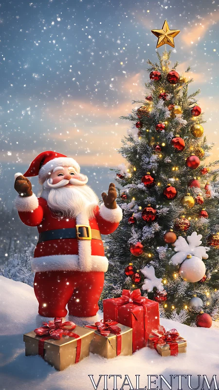 Santa Claus beside Christmas tree in snowy landscape.