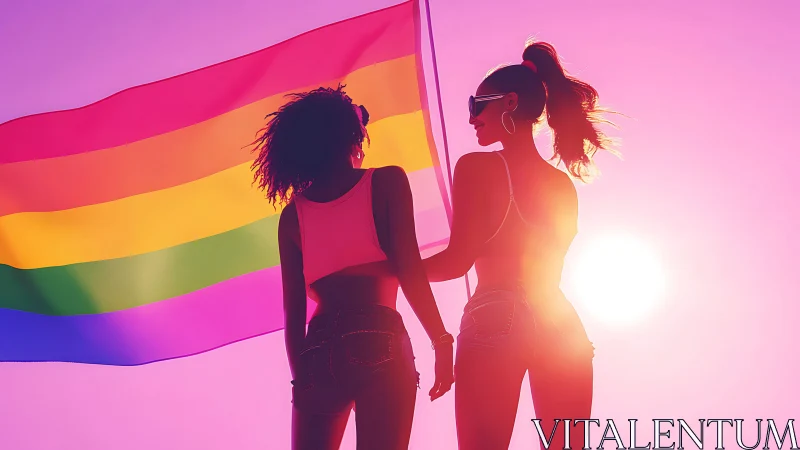 Two women holding hands in sunlight with pride flag, vibrant style.