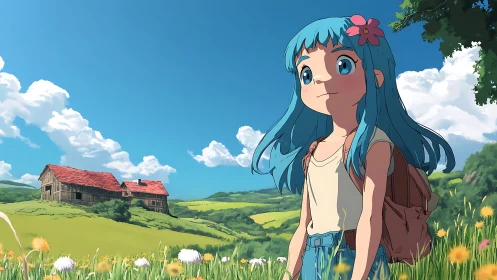 Blue haired child in rural meadow landscape under sky.