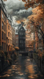 Moody autumn canal between historic city buildings at dusk.