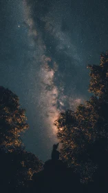Long-exposure Milky Way core above silhouetted forest observer