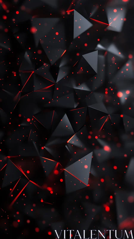 Geometric black shards with red glowing particle accents.