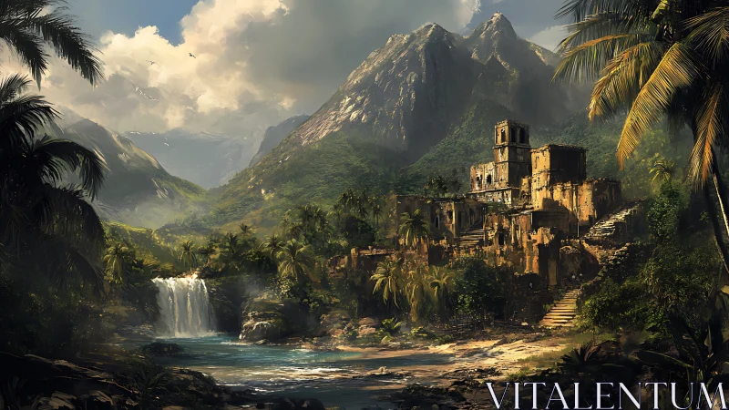 Sunlit jungle ruins rest beside a serene turquoise waterfall