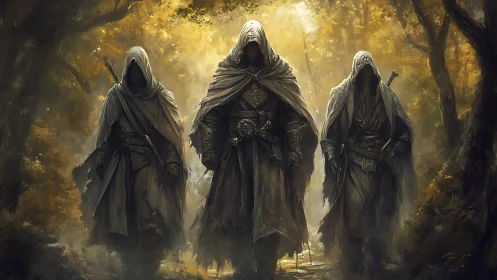 Mysterious cloaked wanderers moving through golden forest paths.