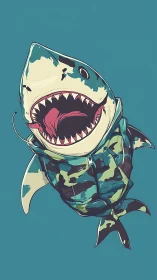 Camouflage shark roars upward in bold teal vector art.