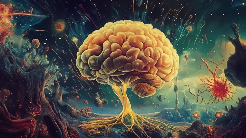 Neural tree brain glows within cosmic synapse landscape.