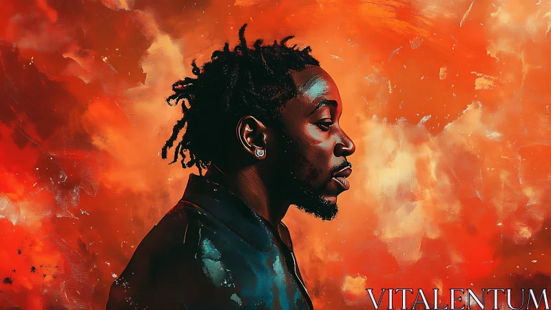 Profile portrait glows against fiery abstract sky background.