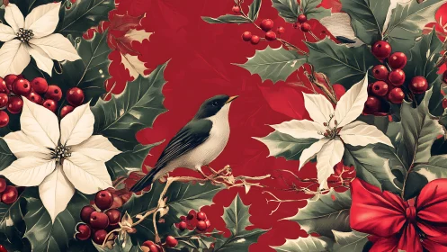 Songbird rests amid poinsettias and holly on festive red