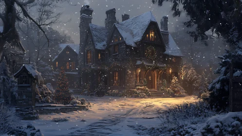 Snowy manor glows with warm winter holiday lantern light