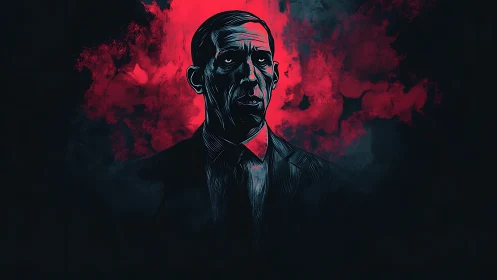 Eerie suited figure outlined by vivid red drifting mist.