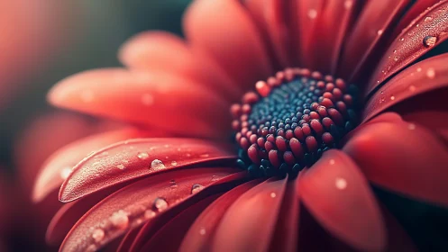 Red Gerbera Daisy With Dew Droplets in Macro Detail