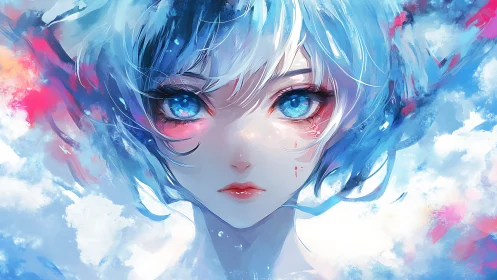 Ethereal blue-eyed girl emerges from luminous watercolor clouds.