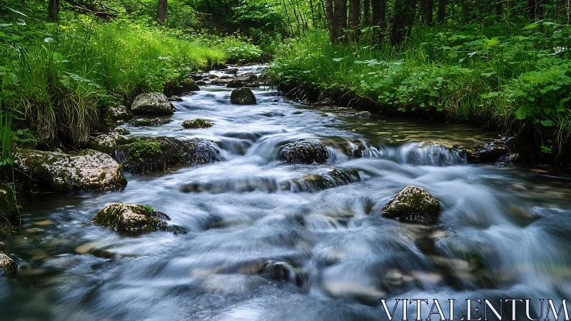 Tranquil forest stream with mossy rocks in natural landscape photography.