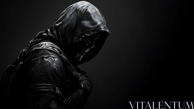 Shadowed hooded figure with mysterious skeletal mask pose.