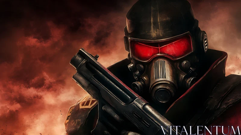 Armored wasteland soldier aims shotgun under burning sky.