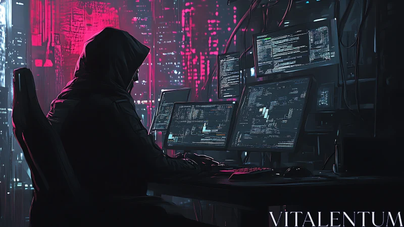 Midnight code phantom in neon-soaked cyber city glow.