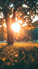 Golden hour fireflies over dewy grass in soft bokeh field.