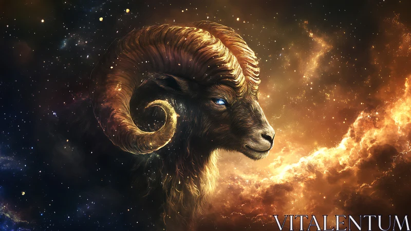 Celestial ram portrait in luminous nebulae digital painting.