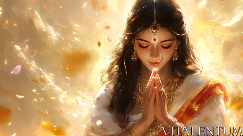 Digital portrait of praying woman in saree with golden bokeh