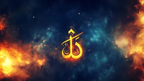 Celestial calligraphy ember glows in a storm of cosmic fire.