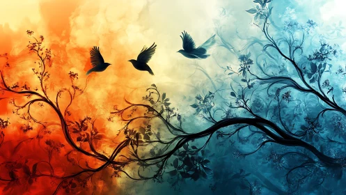 Dual-toned arboreal silhouettes divide fiery and cool gradients