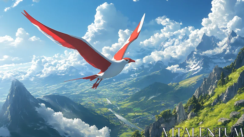 Aerodynamic crimson gull over volumetric alpine valley sky.