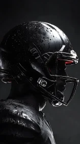 Black football helmet profile in moody cinematic lighting.