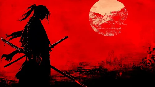 Silhouetted samurai studies dual katanas beneath textured red moon