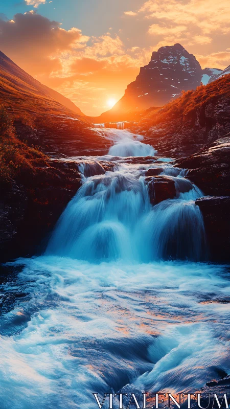 High dynamic range cascade under saturated alpine sunset glow