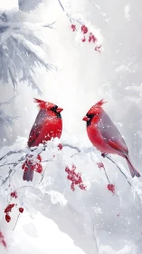 Crimson cardinals sharing quiet company in a snowy wonderland.