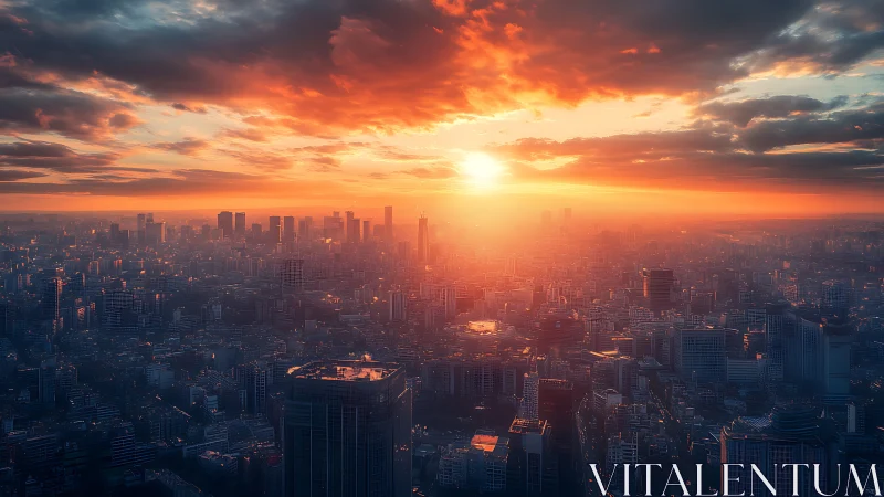Backlit megacity skyline glows under high-contrast sunset clouds