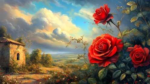 Large red roses occupy foreground against rural valley landscape