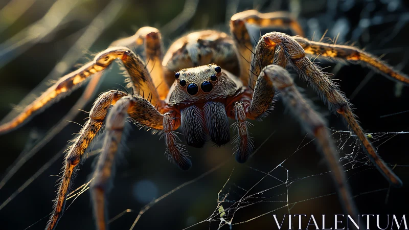 Macro-lit spider on web shows detailed setae, eyes and joints