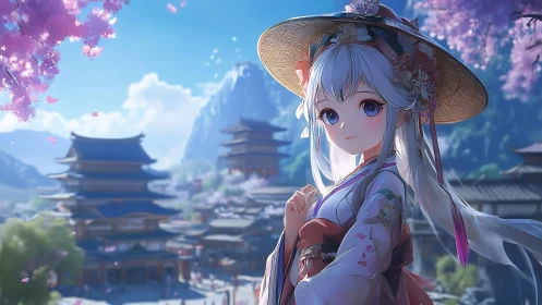 Graceful anime girl enjoys a bright spring day in town