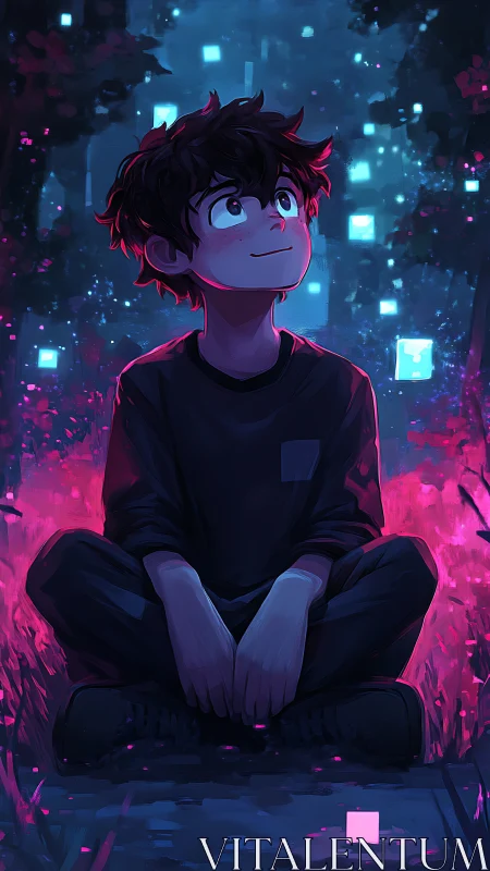 Boy sits in neon forest, watching glowing digital lights.