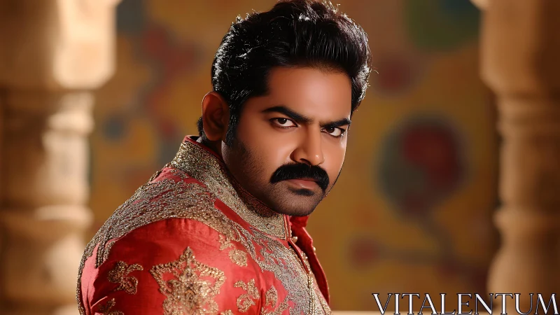 Regal gaze carves intensity through embroidered crimson silk